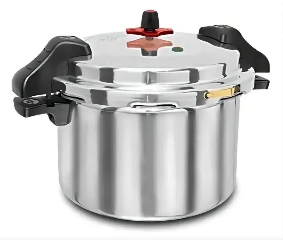 Olla de presión de acero inoxidable con asas negras y válvula roja superior