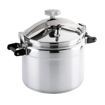 Olla de acero inoxidable con tapa y mangos laterales negros para cocina comercial