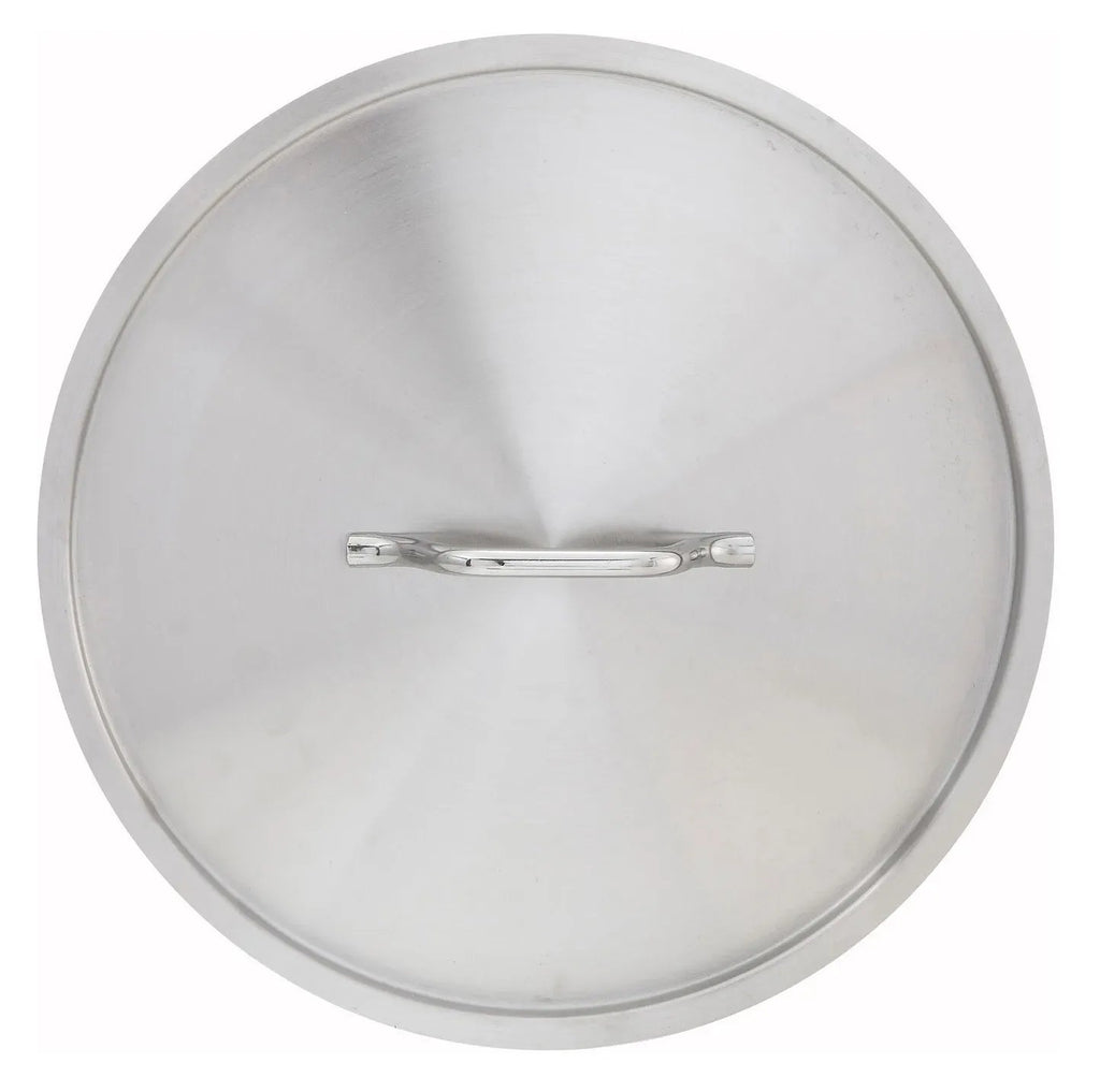 Tapa redonda de aluminio con asa metálica al centro, vista superior