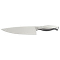 Cuchillo de cocina con hoja ancha de acero inoxidable y mango del mismo material, diseño liso y moderno