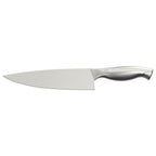 Cuchillo de cocina con hoja ancha de acero inoxidable y mango del mismo material, diseño liso y moderno