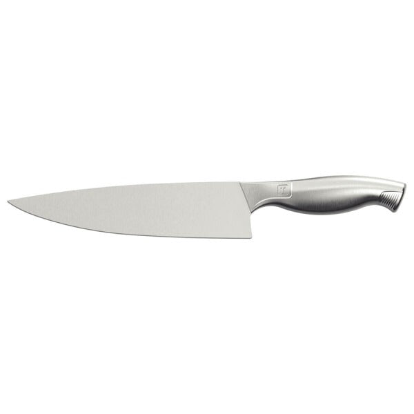 Cuchillo de cocina con hoja ancha de acero inoxidable y mango del mismo material, diseño liso y moderno