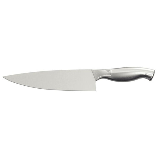 Cuchillo de cocina con hoja ancha de acero inoxidable y mango del mismo material, diseño liso y moderno