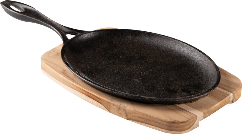 Tabla de cortar ovalada de hierro fundido Tramontina Mix Grill con base y mango de madera mixta, 38,5 x 19 cm