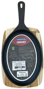 Tabla de cortar ovalada de hierro fundido Tramontina Mix Grill con base y mango de madera mixta, 38,5 x 19 cm