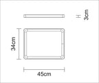 Bandeja rectangular de 45cm x 34cm x 3cm en diagrama técnico con vista superior y lateral