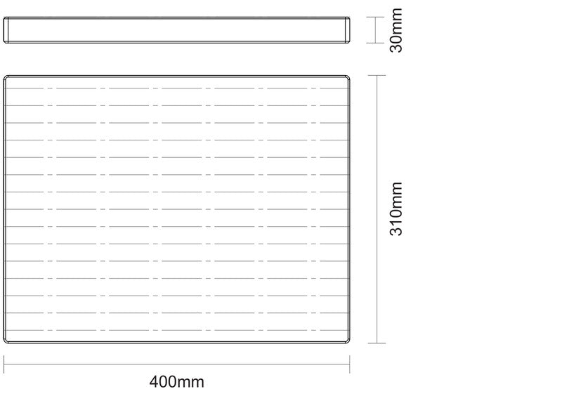 Bandeja rectangular de 400x310 mm con altura de 30 mm, vista superior y lateral en dibujo técnico