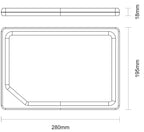 Bandeja rectangular con dimensiones 280mm x 195mm x 18mm en dibujo técnico