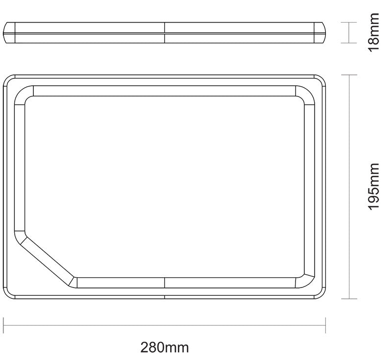 Bandeja rectangular con dimensiones 280mm x 195mm x 18mm en dibujo técnico