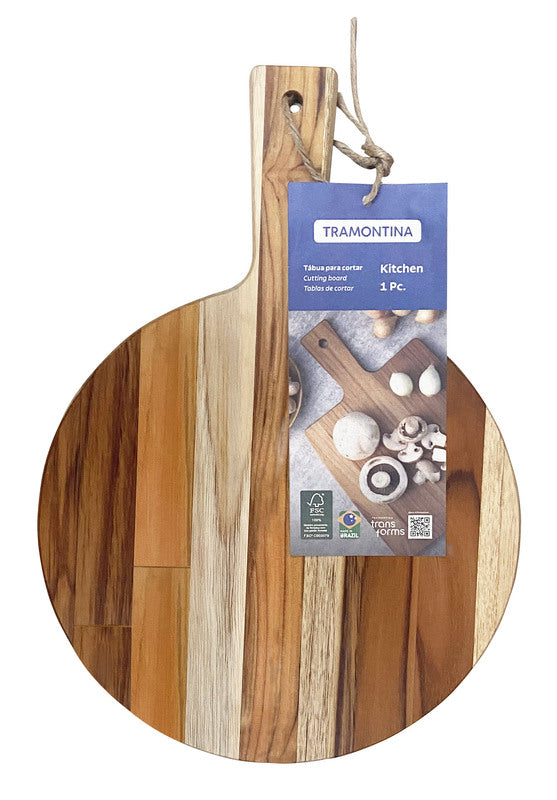 Tabla de cortar redonda Tramontina de madera con mango y etiqueta