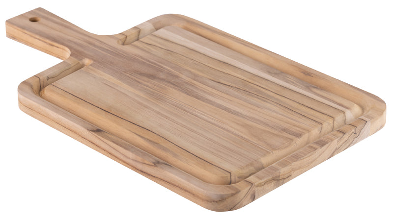 Tabla de cortar de madera clara con mango y ranuras en la superficie