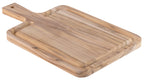 Tabla de cortar de madera clara con mango y ranuras en la superficie