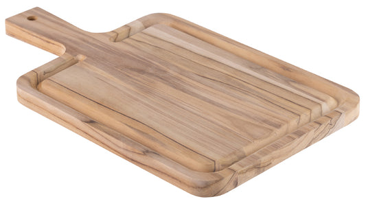 Tabla de cortar de madera clara con mango y ranuras en la superficie