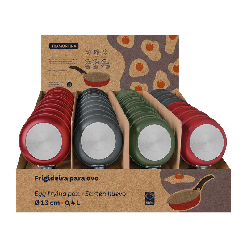 Caja exhibidora Tramontina con sartenes para huevo de 13 cm en colores rojo, negro, verde y rojo, capacidad