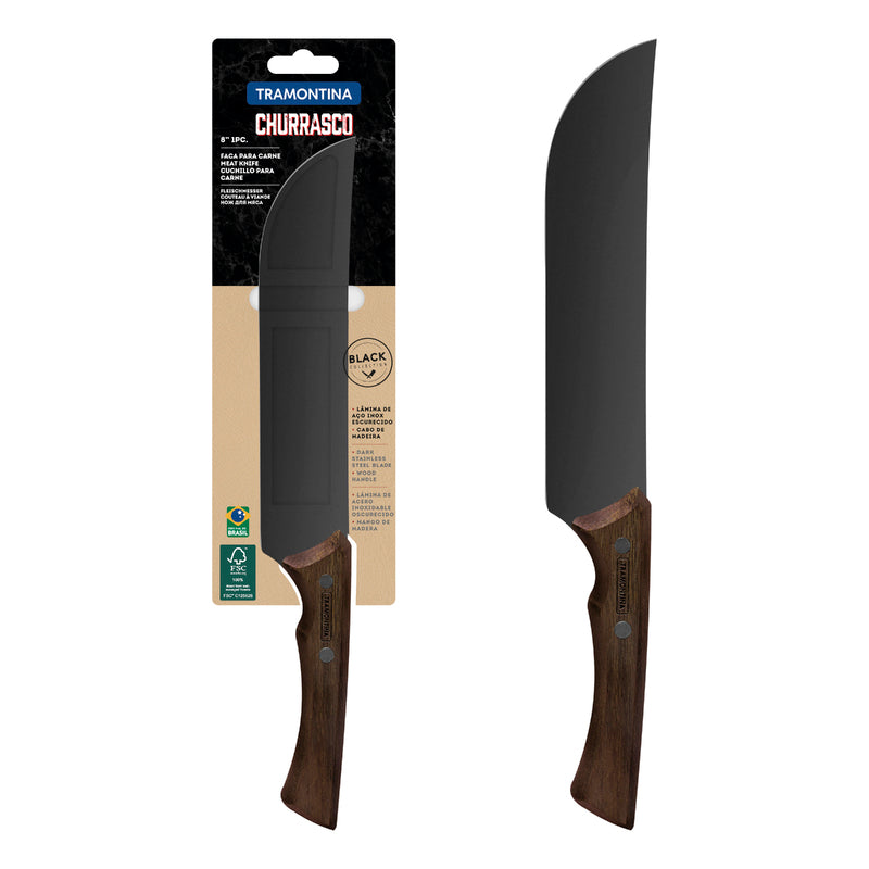 Cuchillo para churrasco Tramontina negro con hoja de acero inoxidable oscurecido y mango de madera de 8 pulgadas.