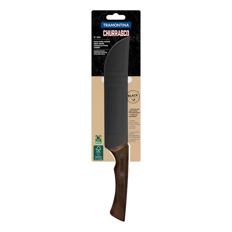 Cuchillo Tramontina Churrasco de 8 pulgadas con hoja negra de acero inoxidable y mango de madera oscura, en empaque original