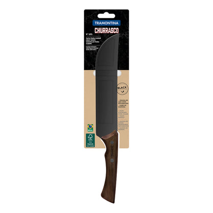 22843/108      Cuchillo para churrasco Tramontina negro con hoja de acero inoxidable oscurecido y mango de madera de 8 pulgadas.