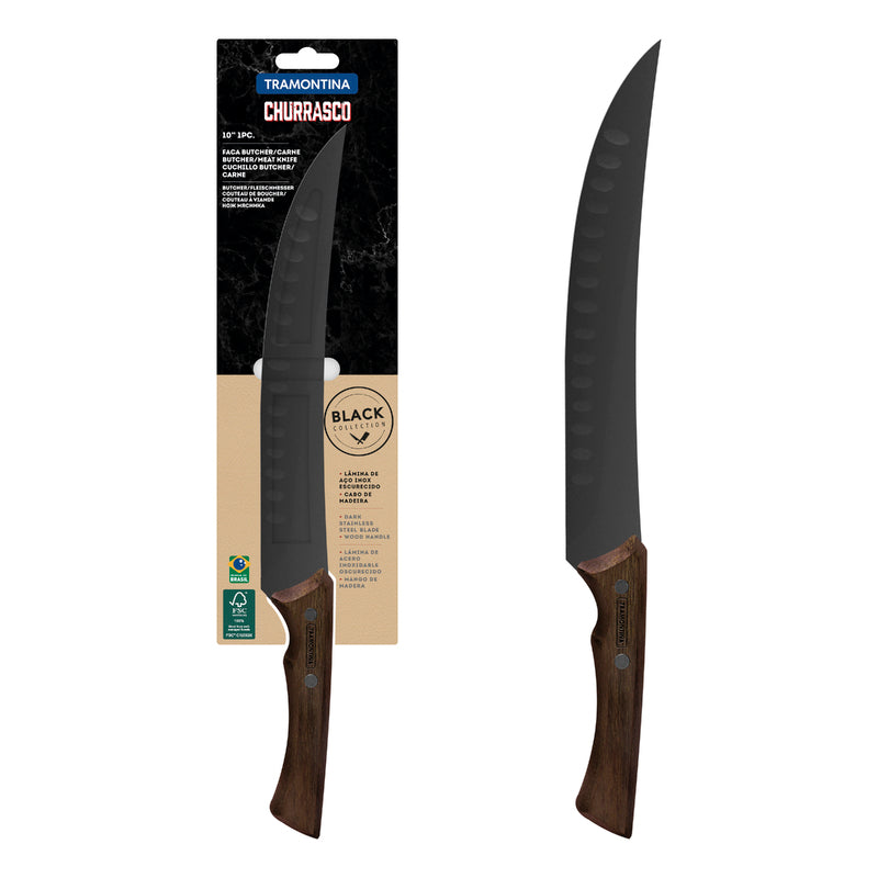 Cuchillo Tramontina Churrasco Black Collection de 10 pulgadas con hoja de acero inoxidable negra y mango de madera