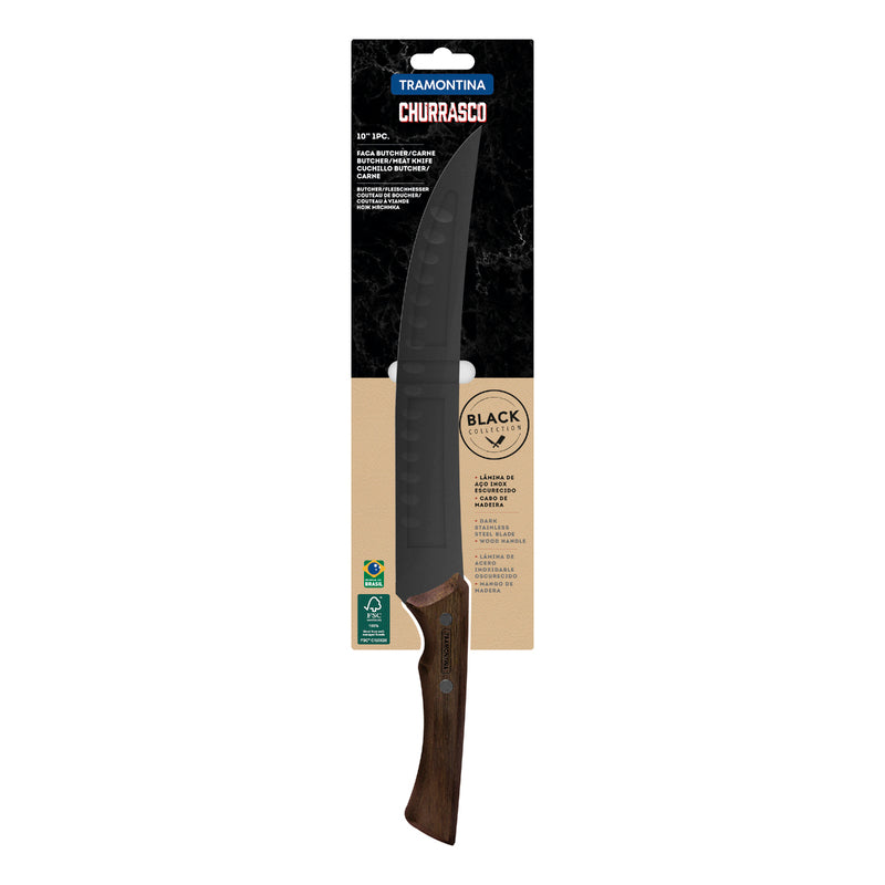 Cuchillo para carne Tramontina Churrasco negro con hoja de acero inoxidable oscurecido y mango de madera, 25,4 cm (10").