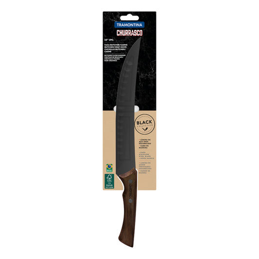 22841/110      Cuchillo para carne Tramontina Churrasco negro con hoja de acero inoxidable oscurecido y mango de madera, 25,4 cm (10").