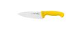 Cuchillo de cocina con mango amarillo y hoja de acero inoxidable sobre fondo blanco