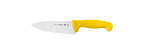 Cuchillo de cocina con mango amarillo y hoja de acero inoxidable sobre fondo blanco