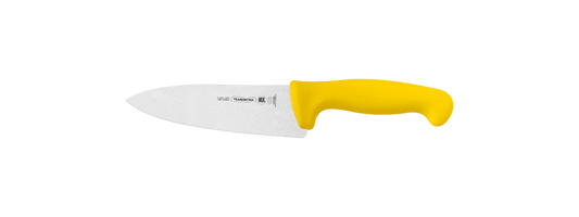 Cuchillo de cocina con mango amarillo y hoja de acero inoxidable sobre fondo blanco