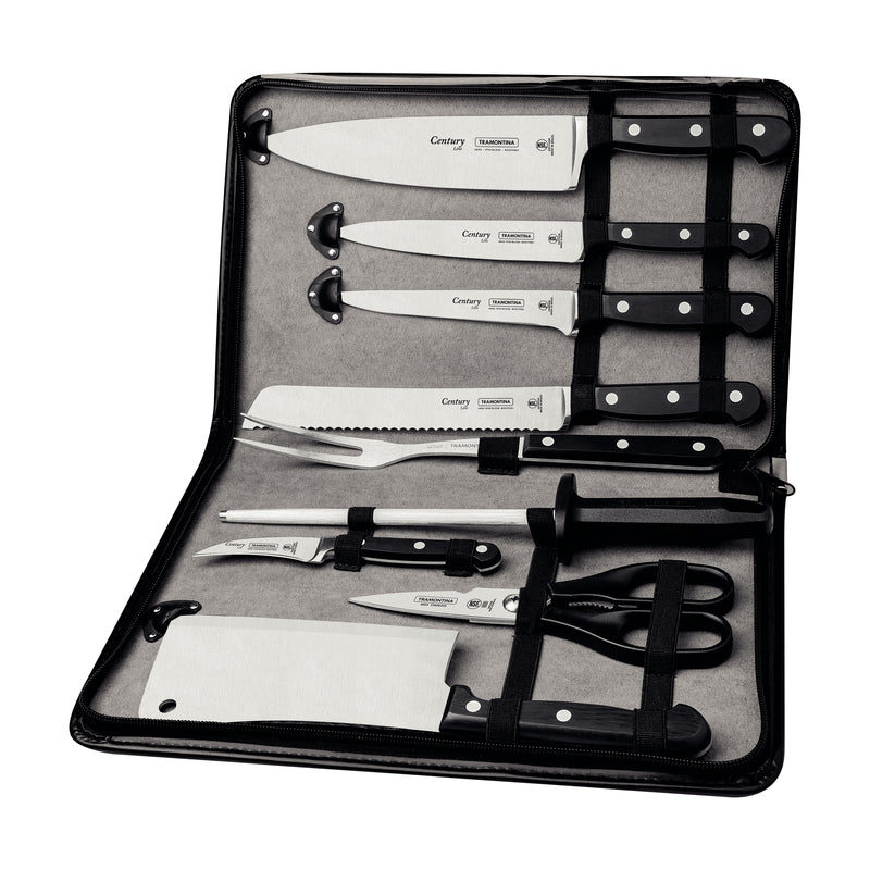 Set de cuchillos Tramontina Century con mango negro en estuche con cierre, incluye cleaver, tijeras
