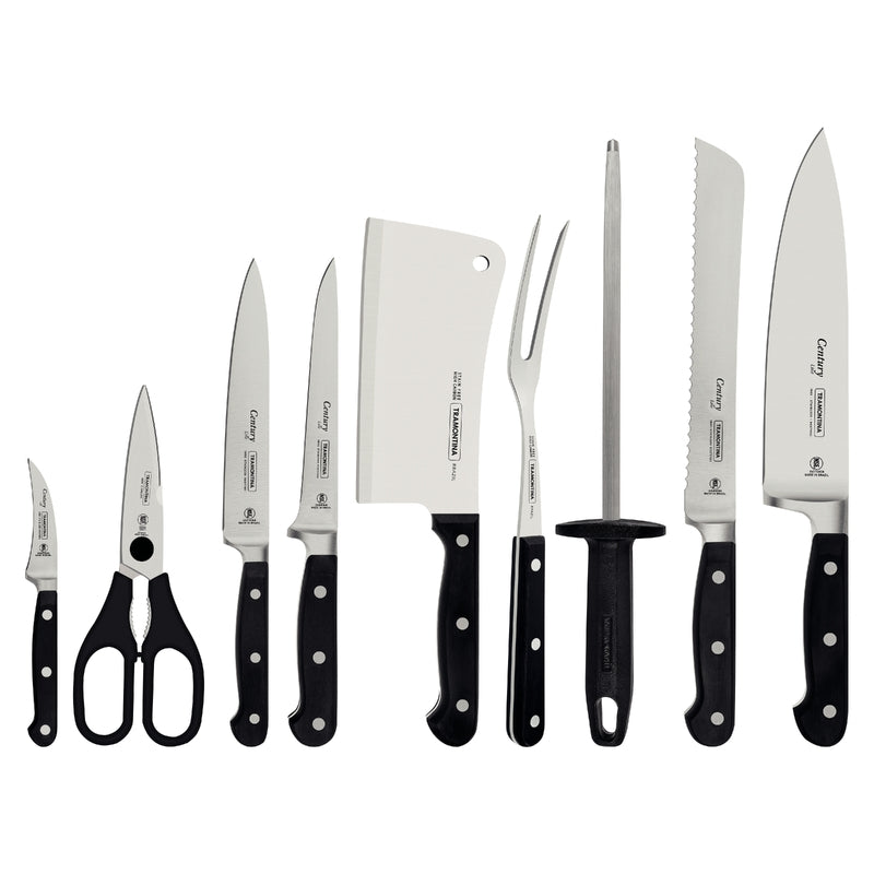 Juego de cuchillos Tramontina Century con mangos negros, incluye tijeras, cleaver, trin