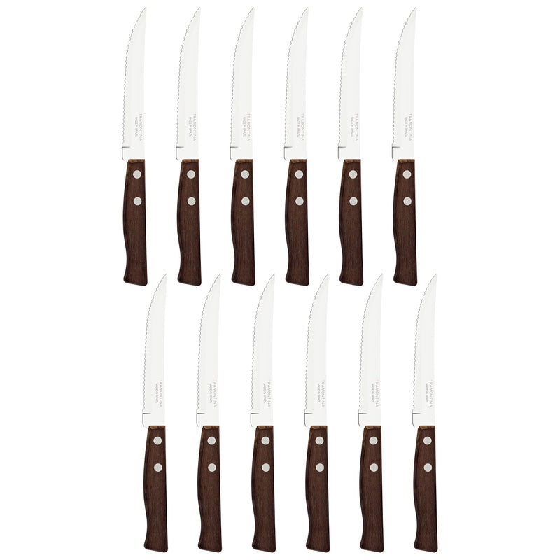 Juego de 12 cuchillos para carne Tramontina con hoja serrada y mango de madera oscura con remaches