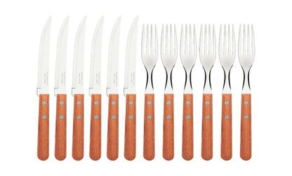 Juego de cubiertos para churrasco Tramontina con hojas de acero inoxidable y mangos de madera natural, 12 piezas. 22399/022