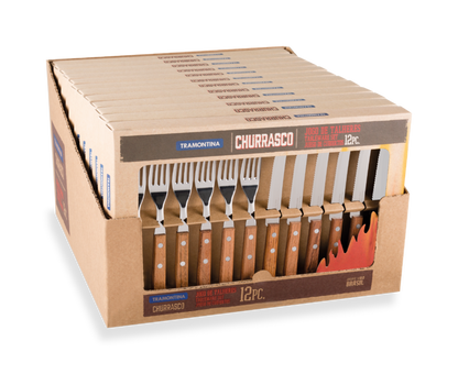 Juego de cubiertos para churrasco Tramontina con hojas de acero inoxidable y mangos de madera natural, 12 piezas. 22399/022