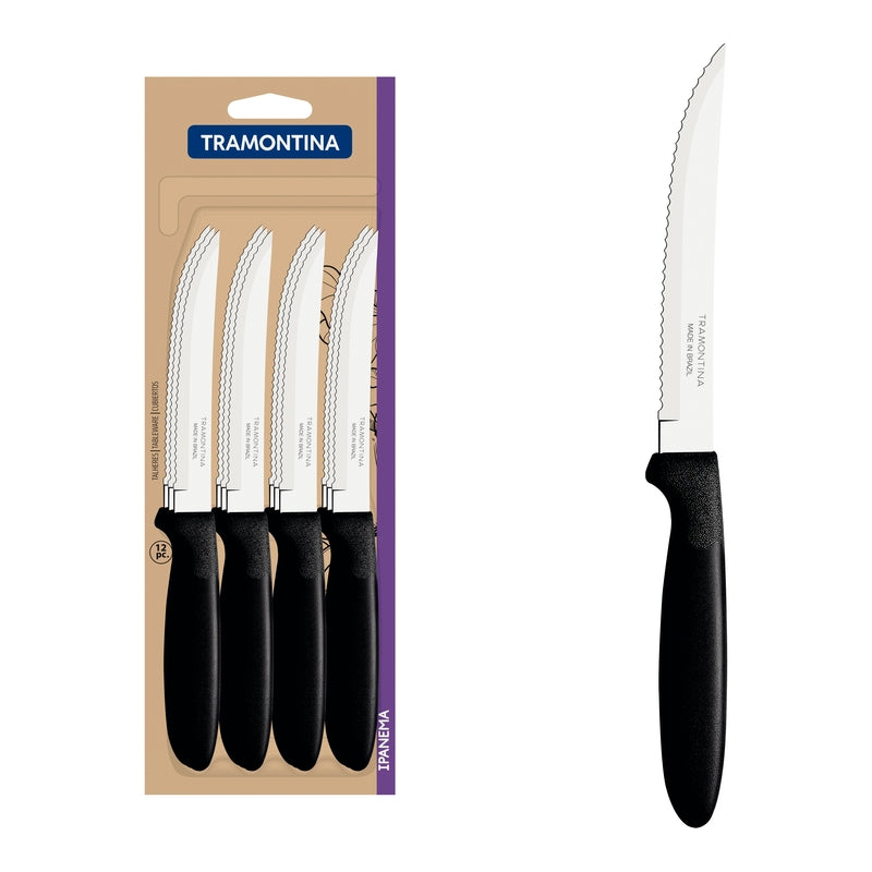 Juego de cuchillos para carne Tramontina Ipanema con hojas de acero inoxidable y mangos de polipropileno negro, 12 piezas.