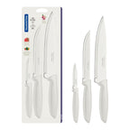 Juego de cuchillos Tramontina Plenus con hojas de acero inoxidable y mangos de polipropileno blanco, 3 piezas.