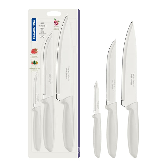 Juego de cuchillos Tramontina Plenus con hojas de acero inoxidable y mangos de polipropileno blanco, 3 piezas.
