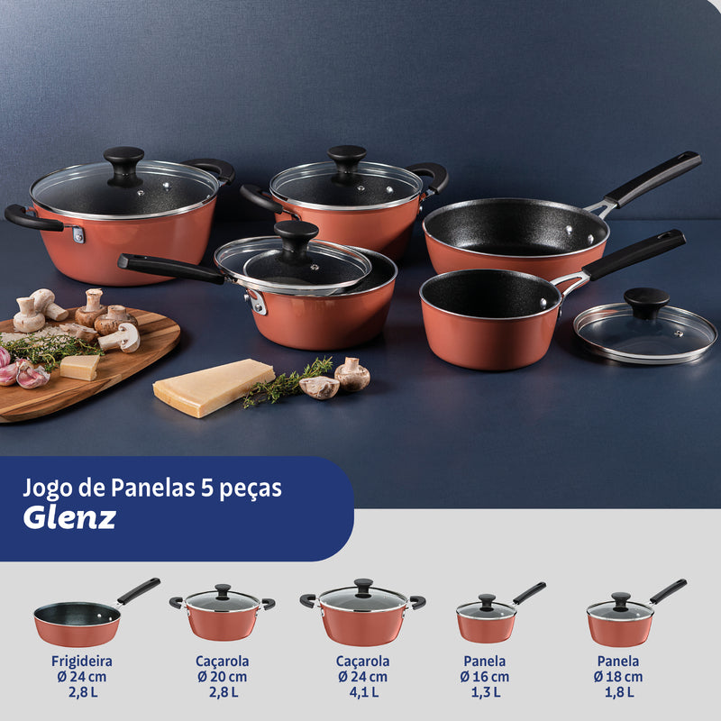Juego de utensilios de cocina Tramontina Glenz de aluminio con revestimiento interior de cristales Starflon y exterior de esmalte color cobre rosado, 5 piezas. 28699/410