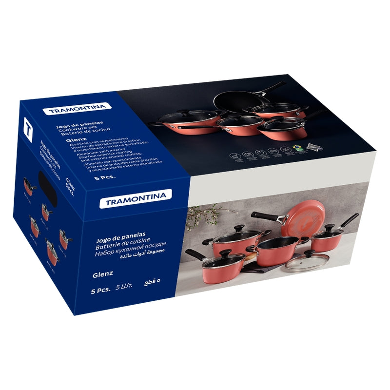 Juego de utensilios de cocina Tramontina Glenz de aluminio con revestimiento interior de cristales Starflon y exterior de esmalte color cobre rosado, 5 piezas. 28699/410