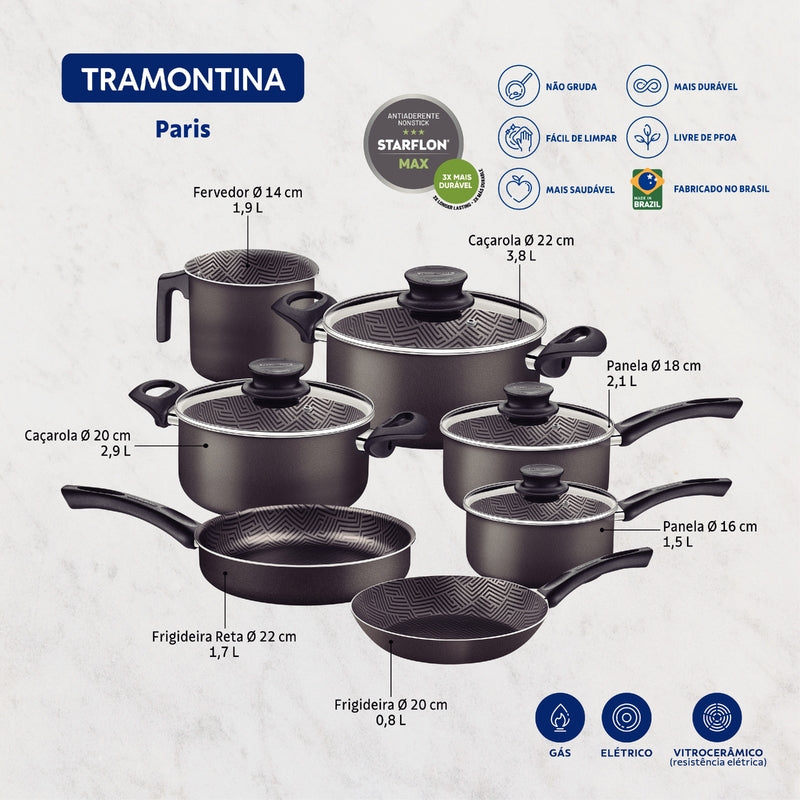 Juego de utensilios de cocina de aluminio Tramontina Paris con revestimiento antiadherente Starflon Max en interior y exterior, color gris plomo, 7 piezas. 28599/602