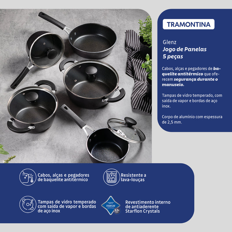 Juego de utensilios de cocina Tramontina Glenz de aluminio con revestimiento interior de cristales Starflon y exterior de esmalte gris piedra, 5 piezas. 28699/610