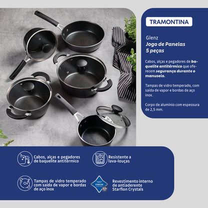 Juego de utensilios de cocina Tramontina Glenz de aluminio con revestimiento interior de cristales Starflon y exterior de esmalte gris piedra, 5 piezas. 28699/610