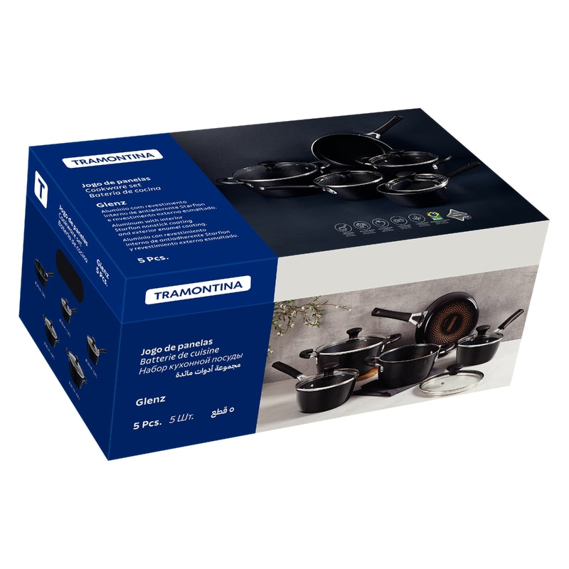 Caja azul y blanca del juego de 5 piezas de ollas Tramontina Glenz con recub