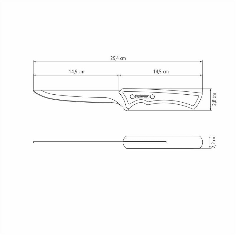 Cuchillo Tramontina con medidas técnicas en dibujo