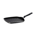 Sartén cuadrada grill negra con mango largo y superficie acanalada para cocina