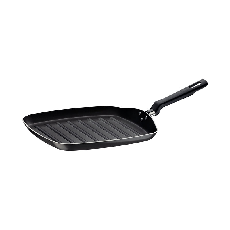 Sartén cuadrada grill negra con mango largo y superficie acanalada para cocina