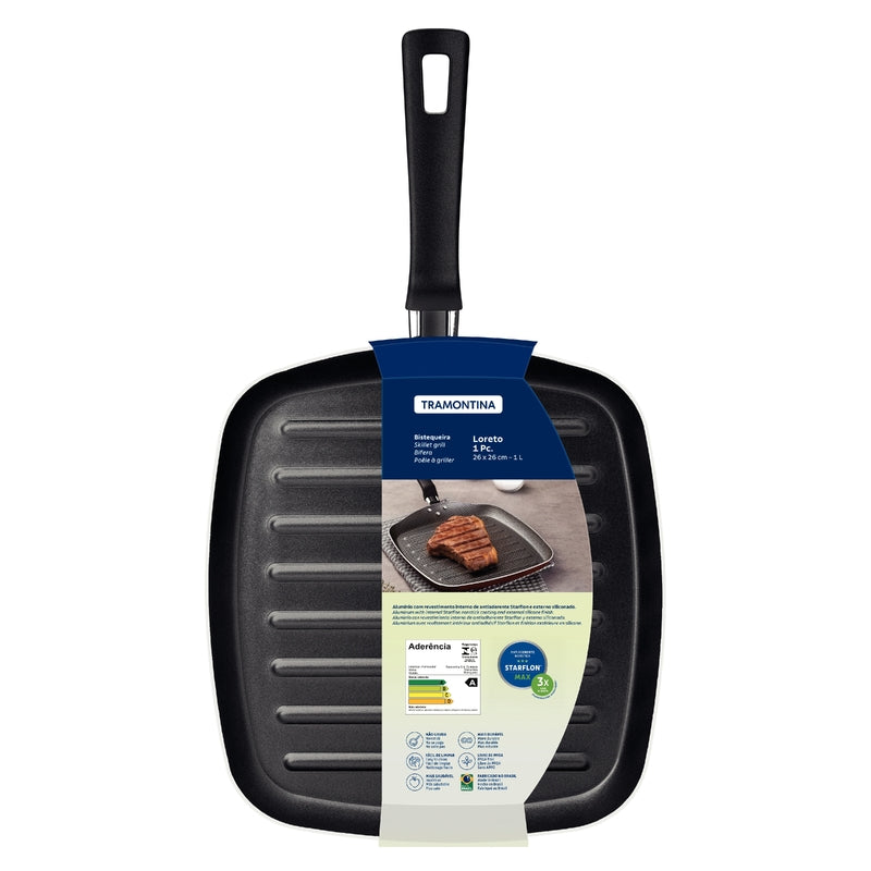 Sartén parrilla de aluminio Tramontina Loreto con revestimiento interior antiadherente Starflon Max y mango de baquelita, 26 cm, 1,0 L, grafito. 20392/024