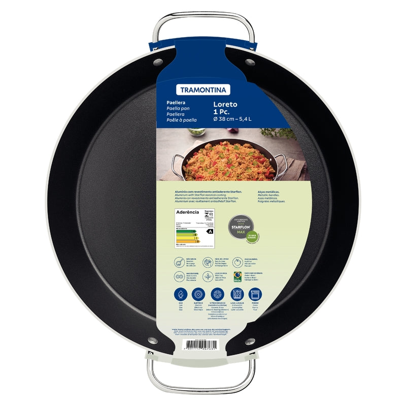 Paellera Tramontina Loreto de 38 cm en aluminio negro con recubrimiento Starflon Max y asas metálicas