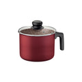 Olla roja con tapa de vidrio y mango negro, interior con superficie antiadherente estampada