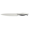 Cuchillo de cocina con hoja larga de acero inoxidable y mango ergonómico del mismo material, vista lateral sobre fondo