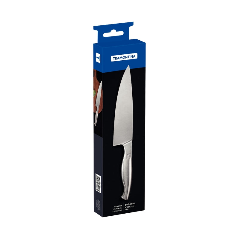 Cuchillo de chef Tramontina Sublime de 8 pulgadas con hoja y mango de acero inoxidable en empaque azul