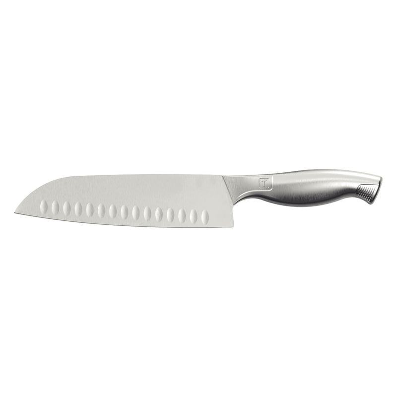 Cuchillo santoku de acero inoxidable con mango ergonómico y alvéolos ovalados en la hoja